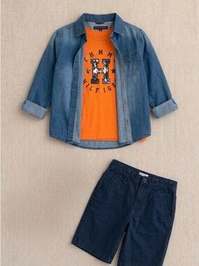 Set of 3 pieces. Tommy Hilfiger Orange Logo Tee with Denim Shirt and Navy Shorts